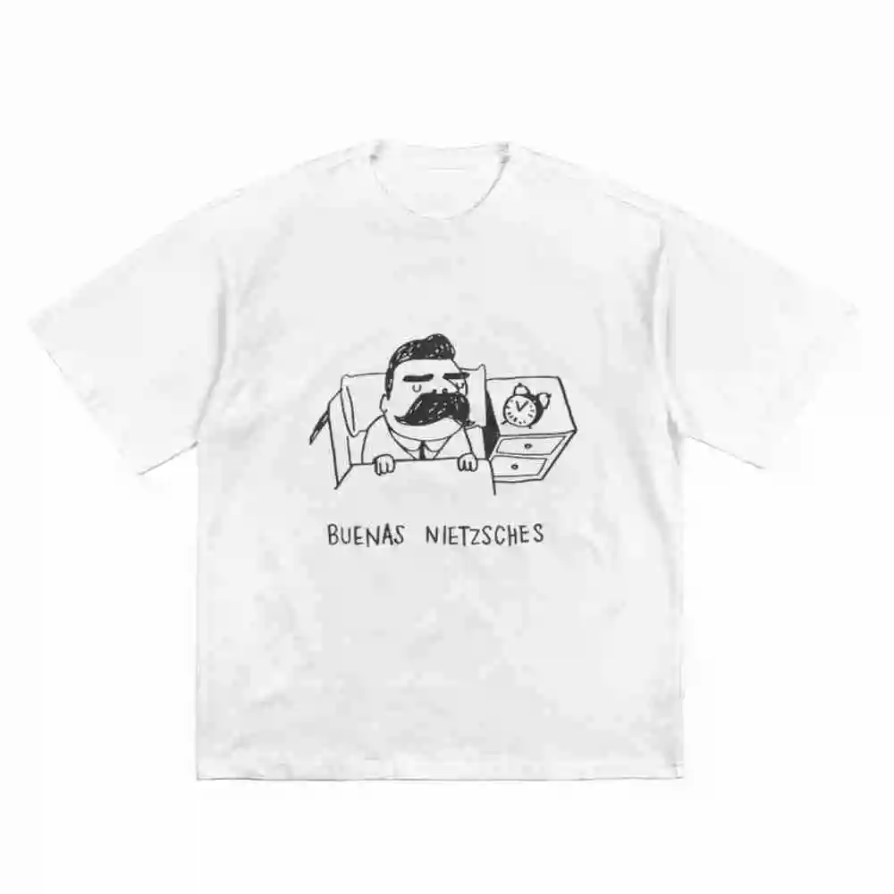 Buenas Nietzsches Nietzsche Mustache Cartoon Short Sleeve Tee 100% Cotton T-Shirt