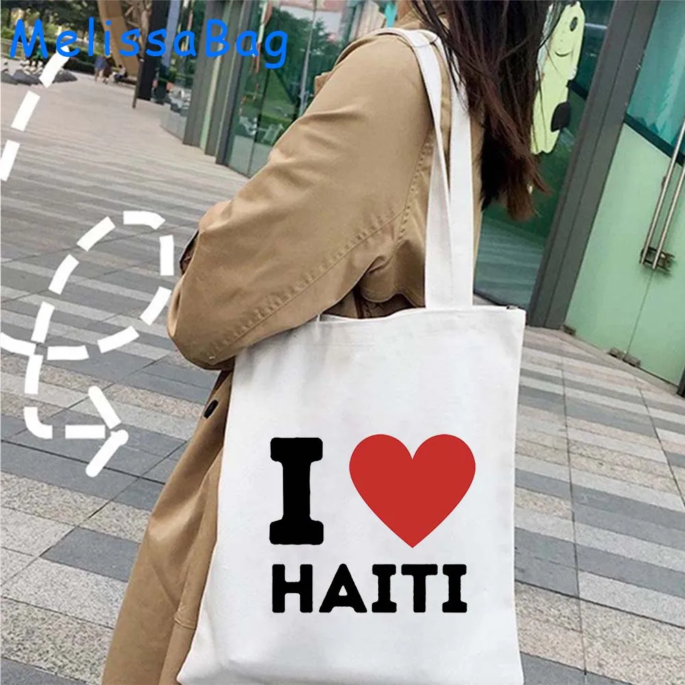 Bolso de mano ecológico de algodón con bandera de mapa del país de Haiti, regalos para niñas, amor, corazón, compras, Harajuku