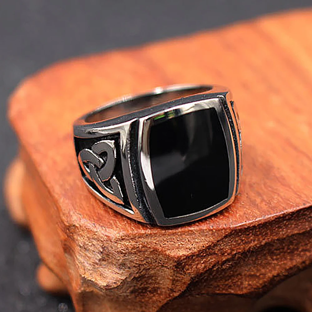 Fashion Vintage Black Stone Square Ring For Men Stainless Steel Nordic Viking Celtics Knot Rings Amulet Jewelry Gifts Wholesale