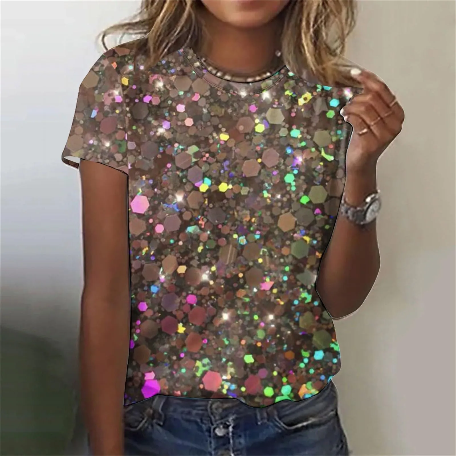 

Women's Trendy Round Neck T Shirt Short Sleeve Digital Print Casual Tee Shiny Sequins Slim Party Club Fashion Sexy Women's T