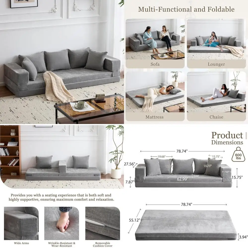 Convertible Queen Sofa Bed with Pillows, Folding Sleeper Couch, Chenille Armrest Lounge, Floor Chaise for Comfortable Sleep