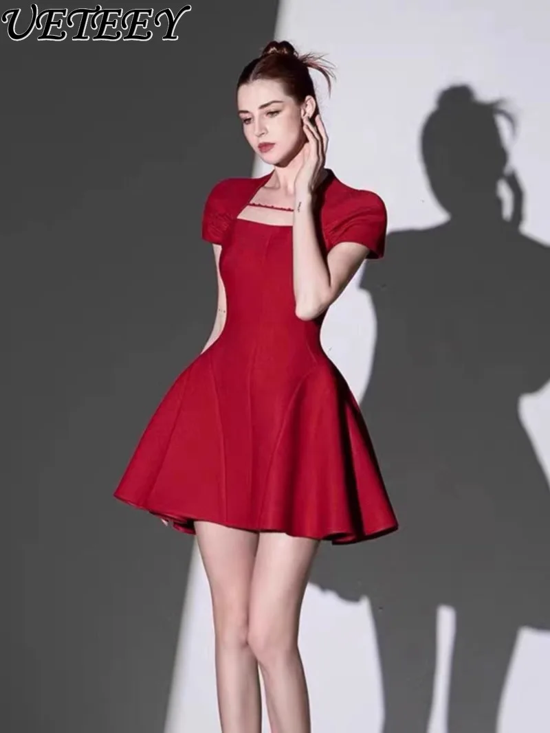 フレンチスタイルサテン半袖宴会年次総会誕生日パーティードレス社交界のエレガントな痩身ブライドメイドミニドレス