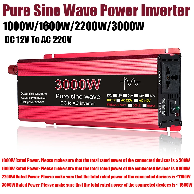 Pure Sine Wave Power Inverter 1000W 1600W 2200W 3000W DC 12V To AC 220V Car Home Solar System Power Inverter Adapter Converter