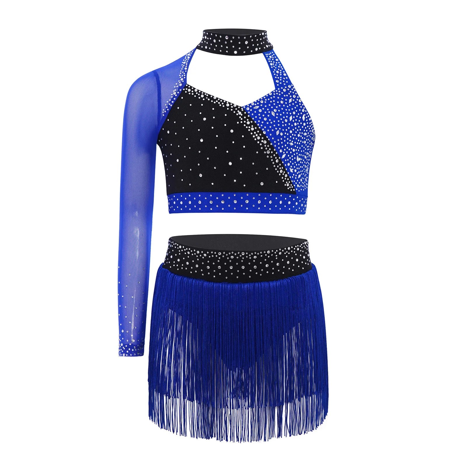 Crianças meninas dança latina desempenho traje lírico ballet dança outfit um ombro strass colheita topo + borla briefs saia conjunto