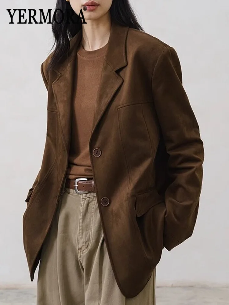 

YERMORA коричневый замшевый короткий повседневный пиджак на пуговицах для женщин, свободная новая куртка с лацканами и длинными рукавами, модная осень-зима 2025