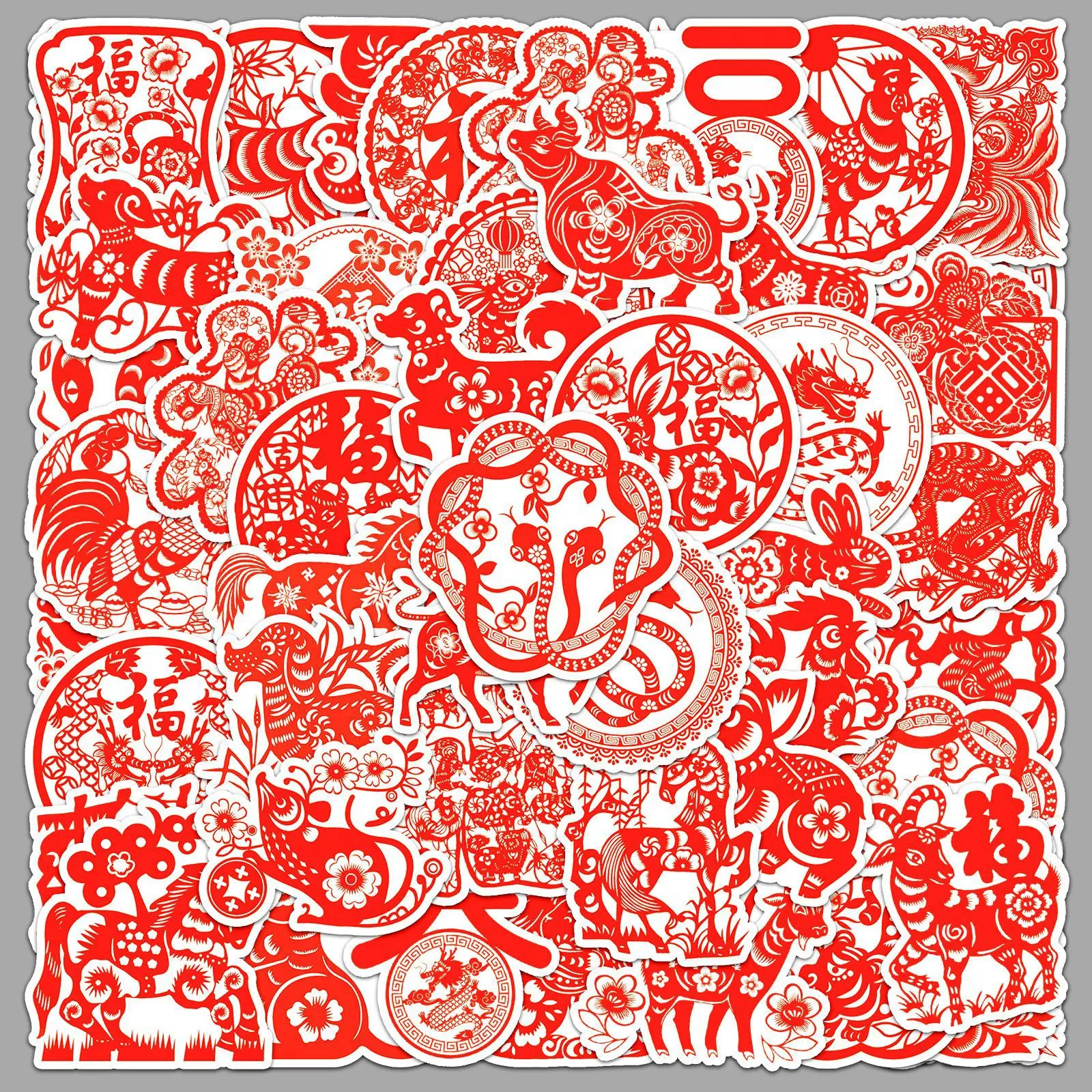

50Pcs The Twelve Chinese Zodiac Signs Graffiti Sticker Chinese Style Paper Cuttings New Year Spring Festival Decoration Sticker