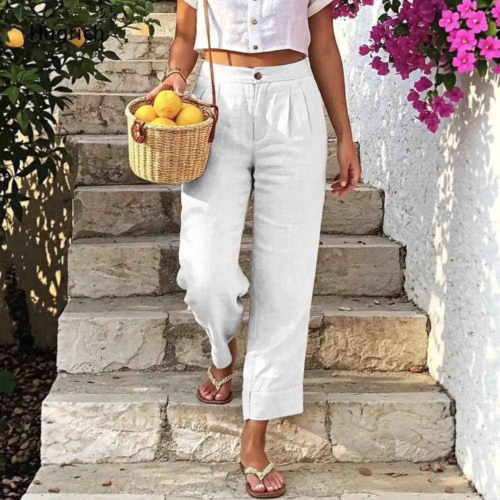Women Green High Waist Pleated Linen Cropped Trousers Cuffed Ankle Straight Leg Casual Pants with Pockets