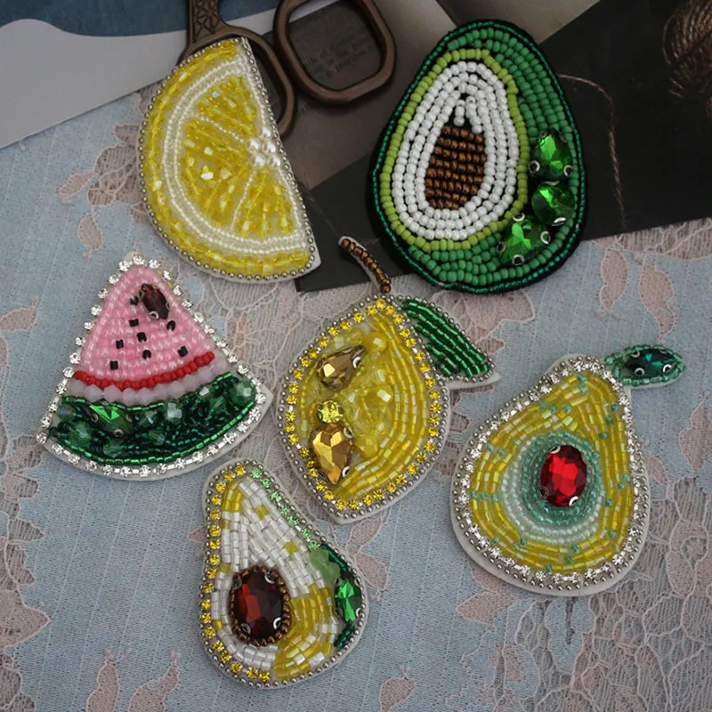 1 Piece Delicate Fruit Shape Avocado Pear Watermelon Beads Badges DIY Applique Embroidered Beaded Patch for Clothing