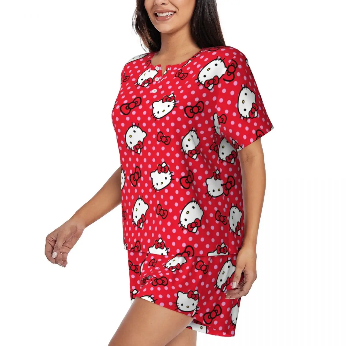 Desenhos animados Anime Pijama Conjunto para Mulheres, Hello Kitty Bow, Pijamas de manga curta, Loungewear, 2 Piece Pjs