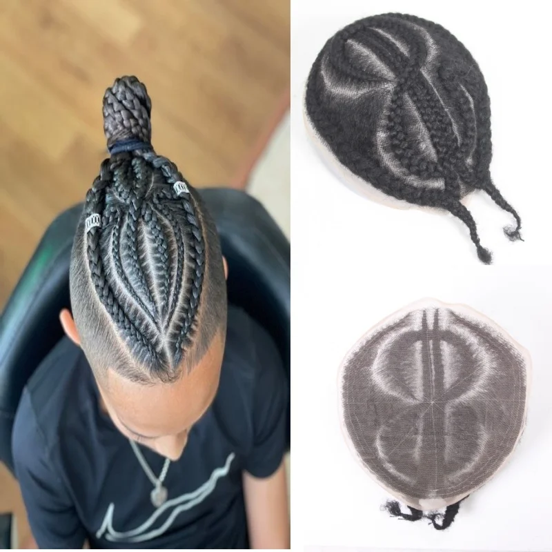 

Men's Full Lace Wig Glueless Braided Toupee - 100% Human Hair Replacement System for Black Men, Undetectable Afro Curly