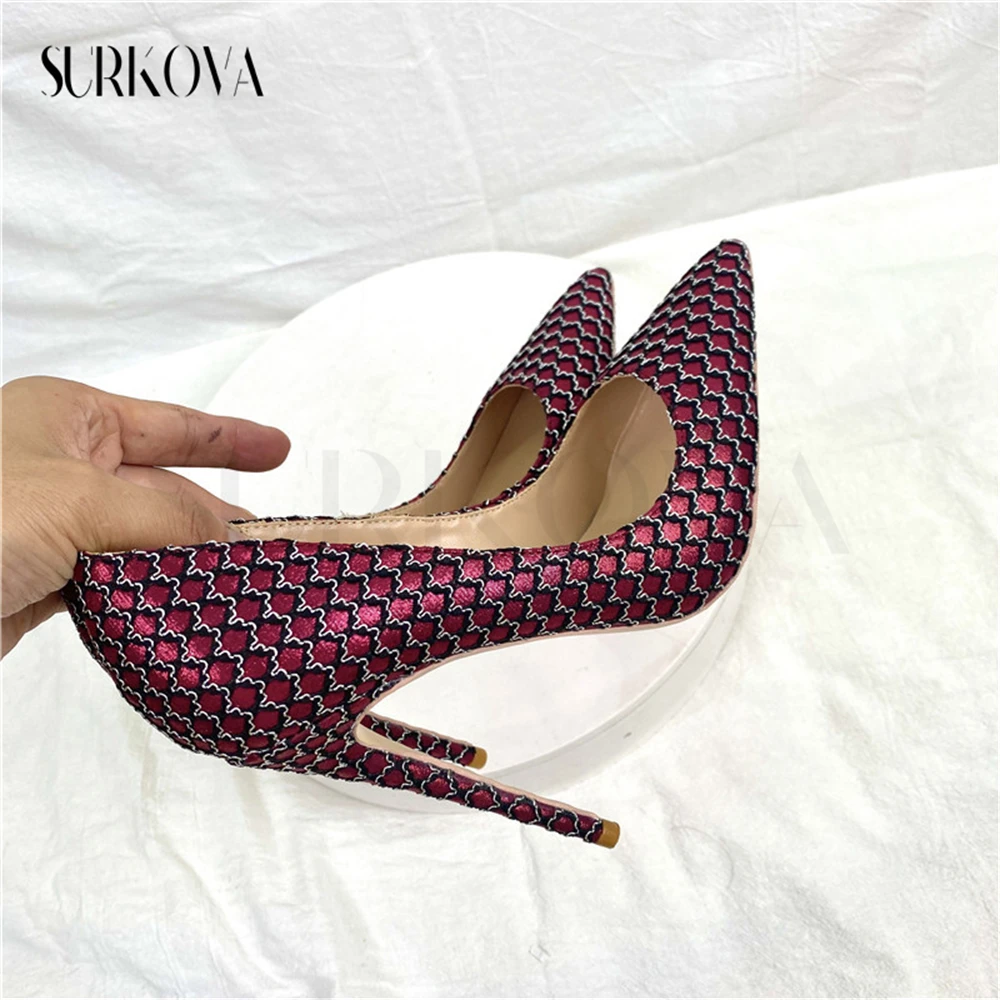 

2023 New Sequin Snake Scales High Heels Pumps 8/10/12Cm Point Toe Thin Heel Shallow Mouth Shoes Soft Leather Banquet Women Shoes