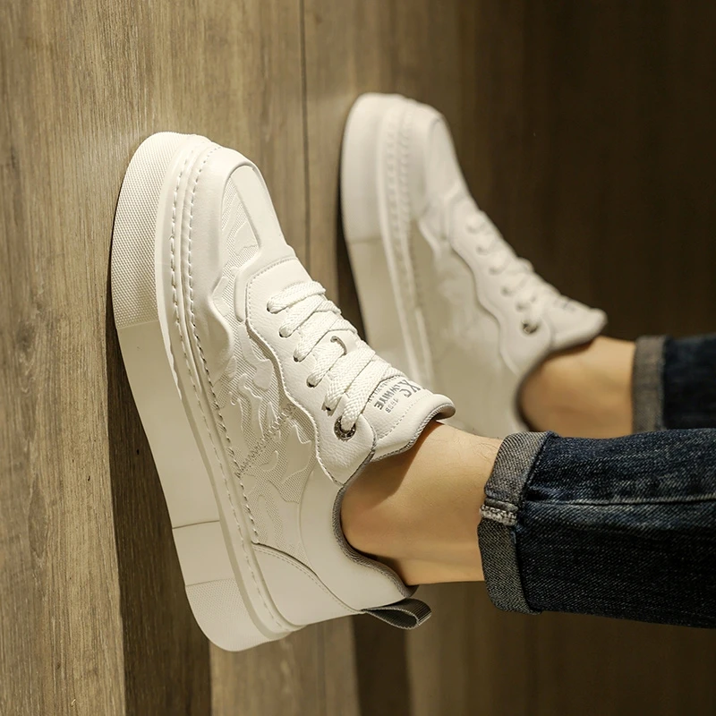 Men's Casual Leather Shoes Spring Autumn Seasonal Trendy All-Match Thick Bottom Heightening White Sneakers Sporty Style