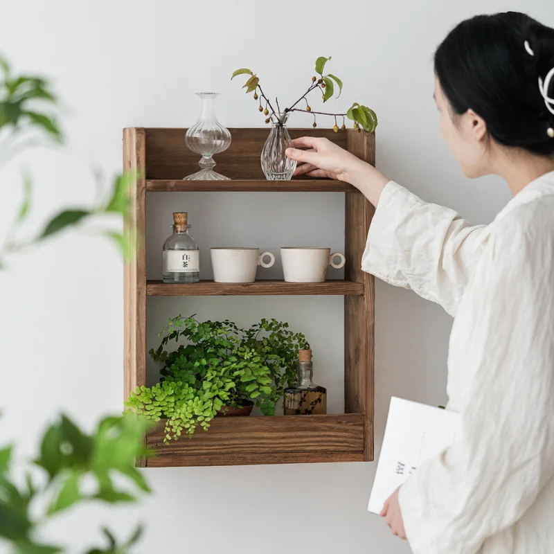 

Wooden wall wall hanging rack, living room decorative rack, simple solid wood balcony flower rack, kitchen finishing rack