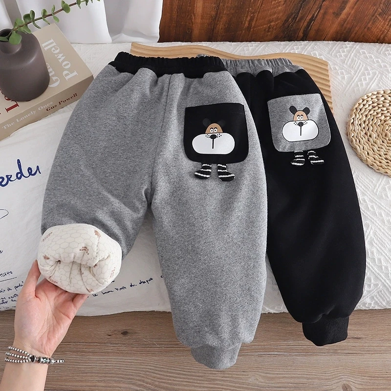 2026 Kids Fashion Cartoon Print Pants Autumn Winter Boys Thickened Warm Cotton Sweatpants Girls Casual Trousers 1-6 Years