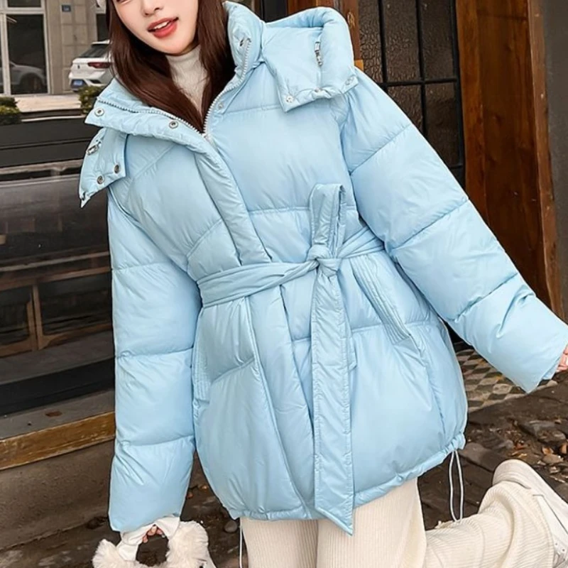 

2025 хлопковая куртка с капюшоном, утепленная осенне-зимняя модная куртка, женское однотонное теплое пальто с поясом