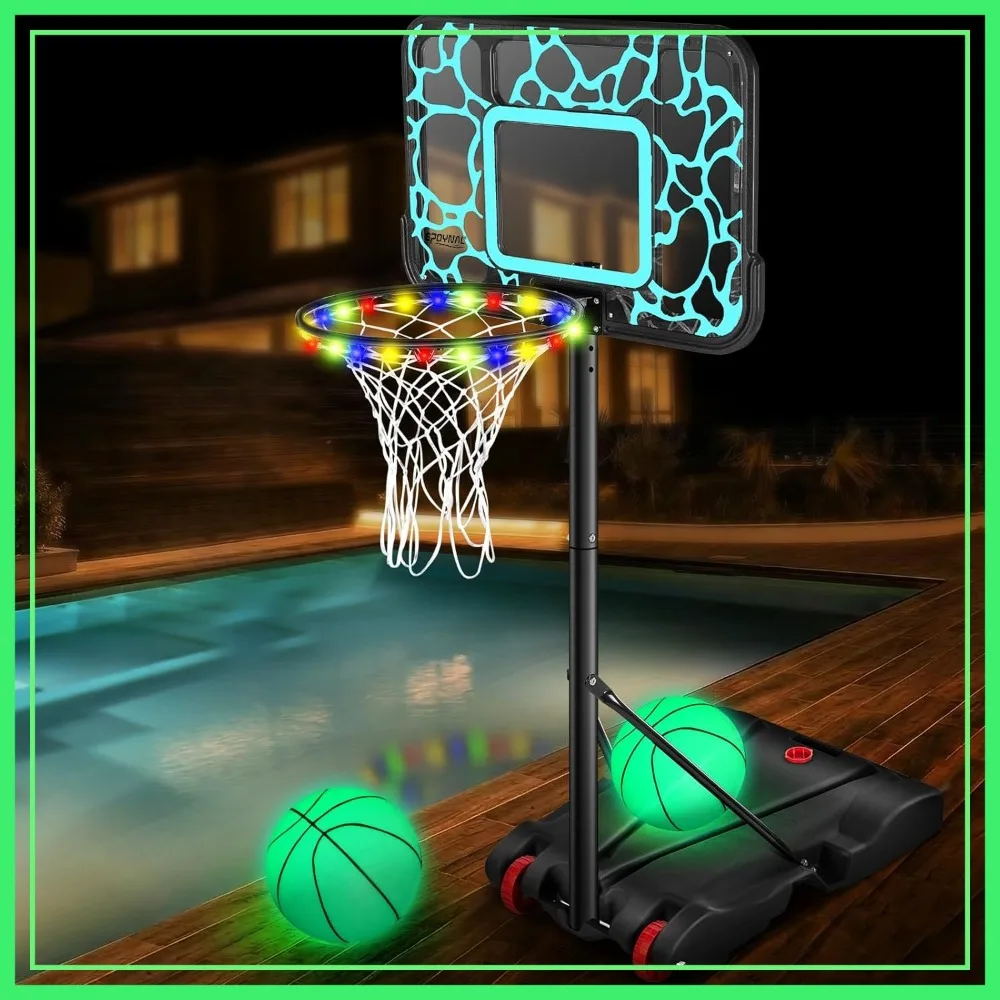 

7-Height Adjustable Pool Basketball Hoop with PC Shatterproof Backboard & 2 Balls, Portable Water Basketball System with LED