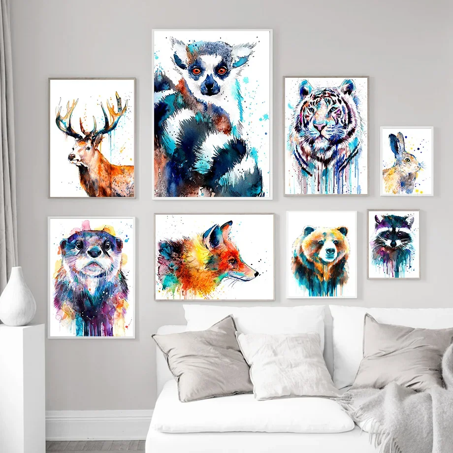 

Watercolor Raccoon Grizzly Otter Lemur Rabbit Wall Art Canvas Painting Nordic Posters And Prints Wall Pictures Kids Room Decor