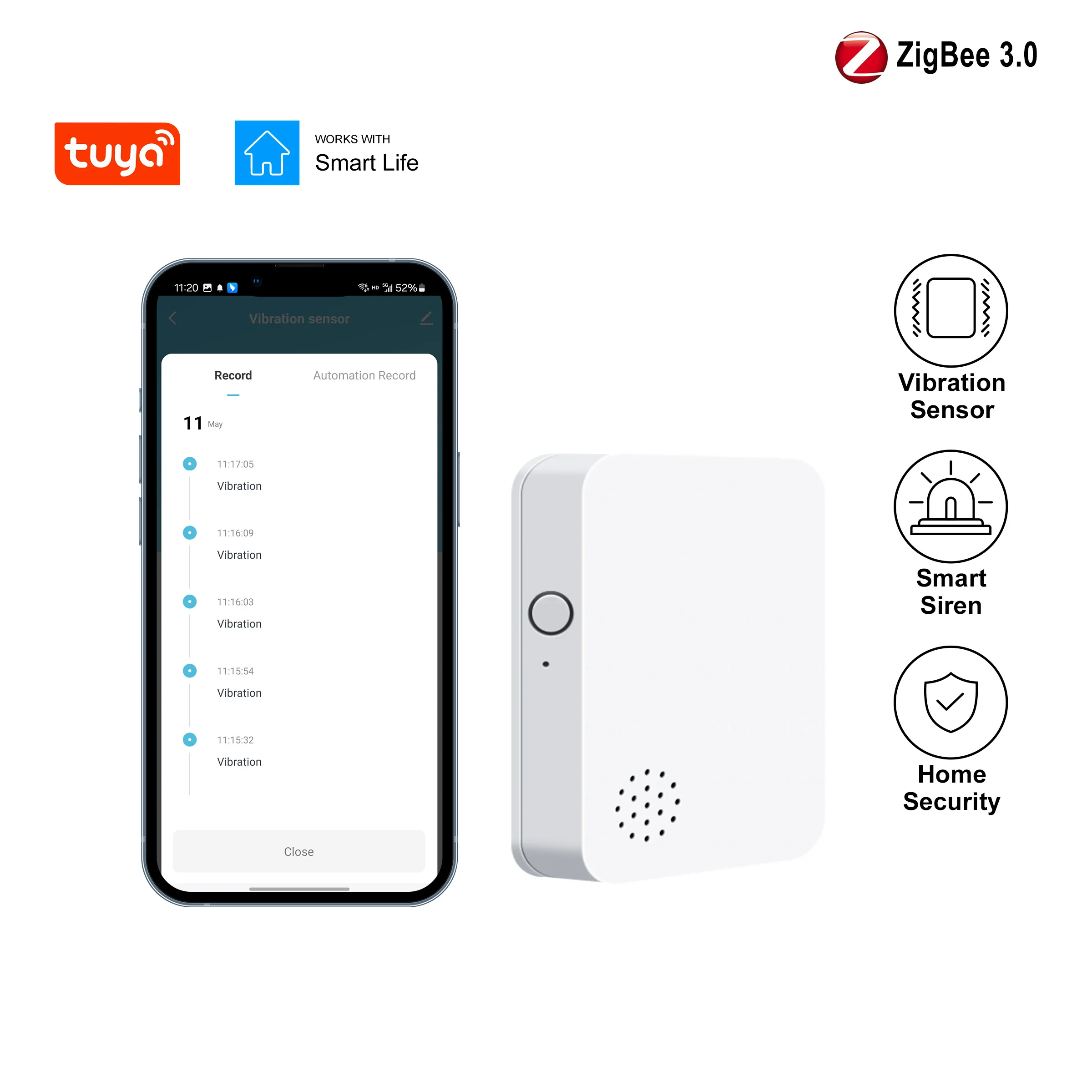 

Kemek Tuya ZigBee Smart Vibration Sensor Wireless Glass Break/Drop/Tilt Detector Built-in Smart Siren Alarm for Home Security