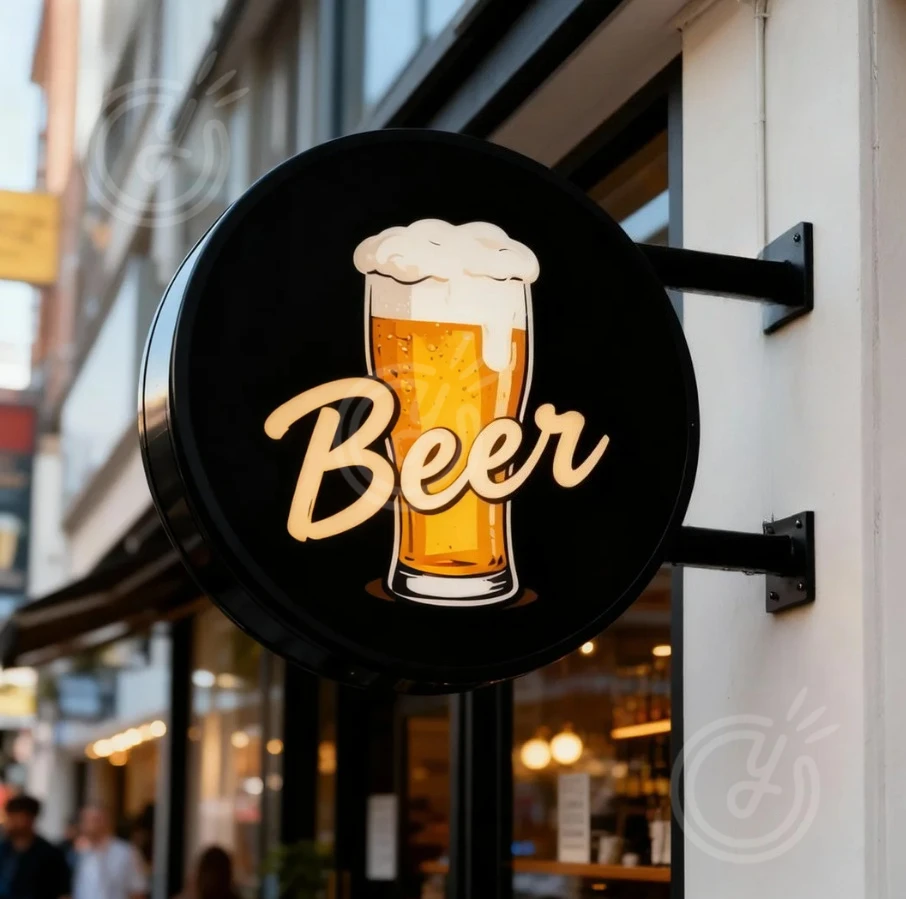 Sinal led de dupla face personalizado, logotipo comercial de néon, caixa de luz iluminada, logotipo de publicidade montado no teto e loja de bar de publicidade