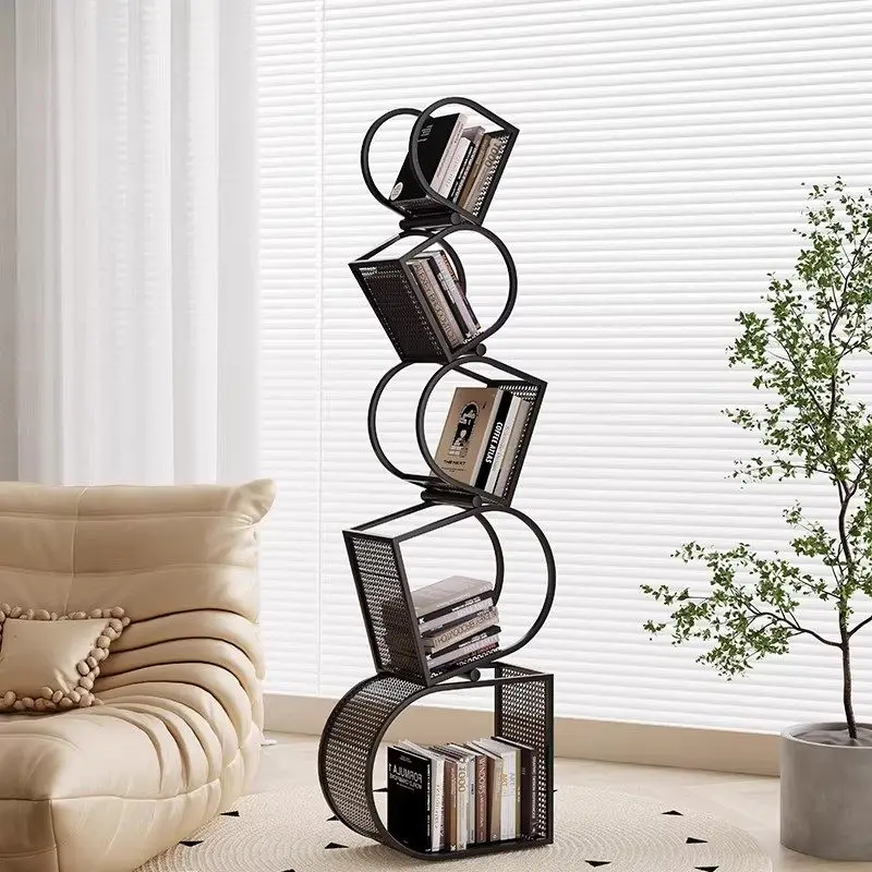 -*-Cream Style Iron Multi-Layer 5-Shelf Floor Standing Living Room Furniture Bookshelf & Bookcase Storage Display