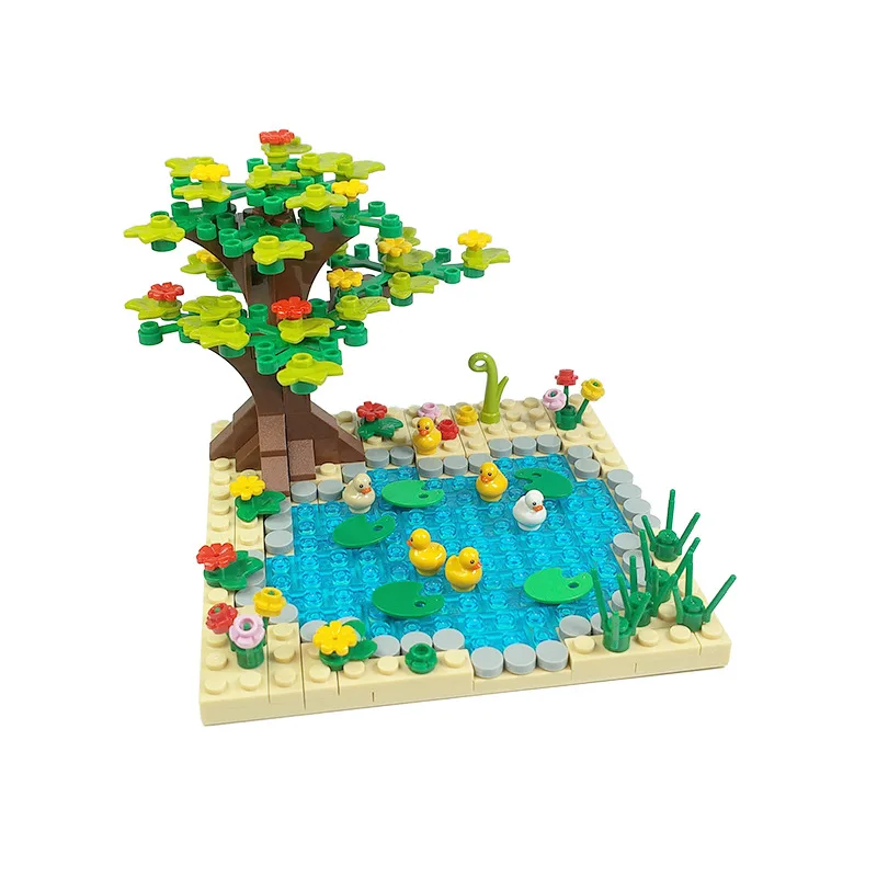 MOC Swimming Pool Duck Nest Building Blocks Set Tree Flower And Grass Park Animals Pond Bricks Toys For Children Birthday Gifts