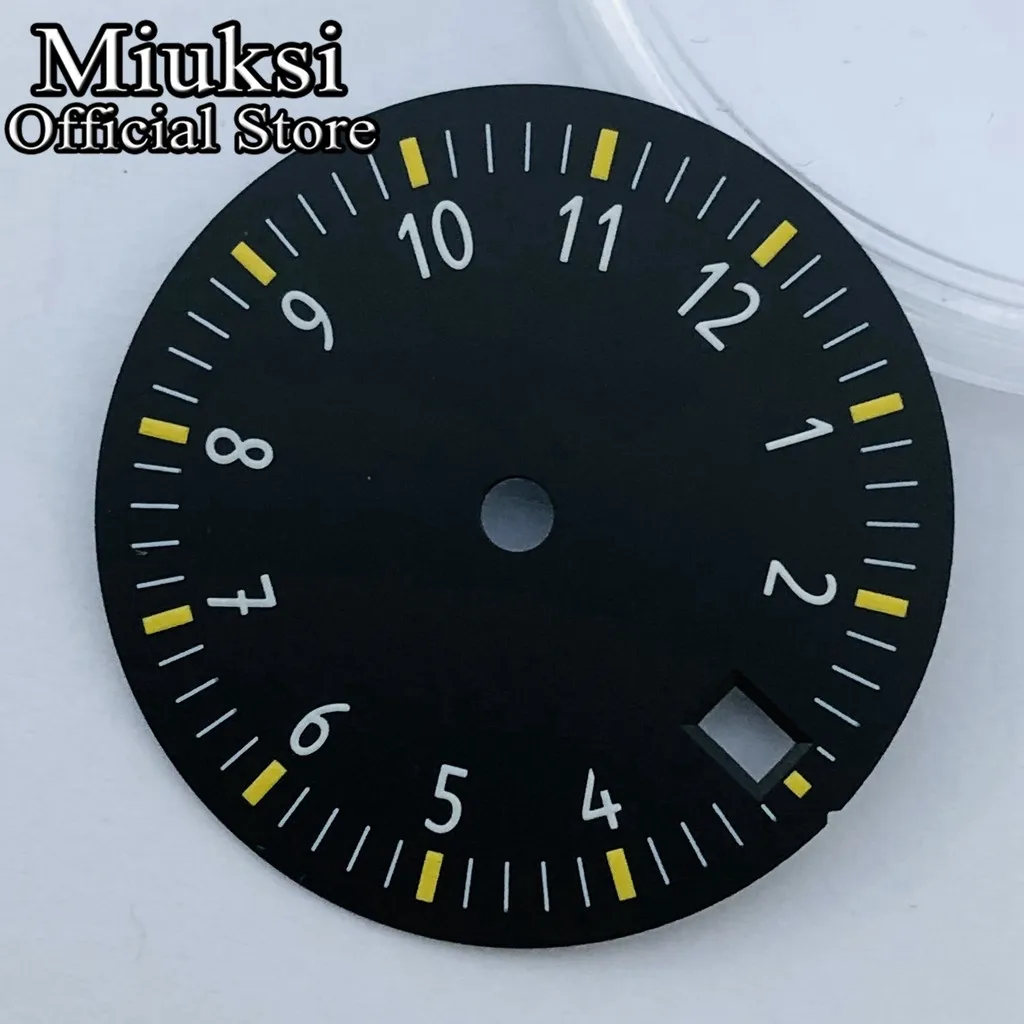 Miuksi 29mm black blue green white sterile watch dial luminous fit NH35 movement fit 3 o\'clock crown 3.8 o\'clock crown