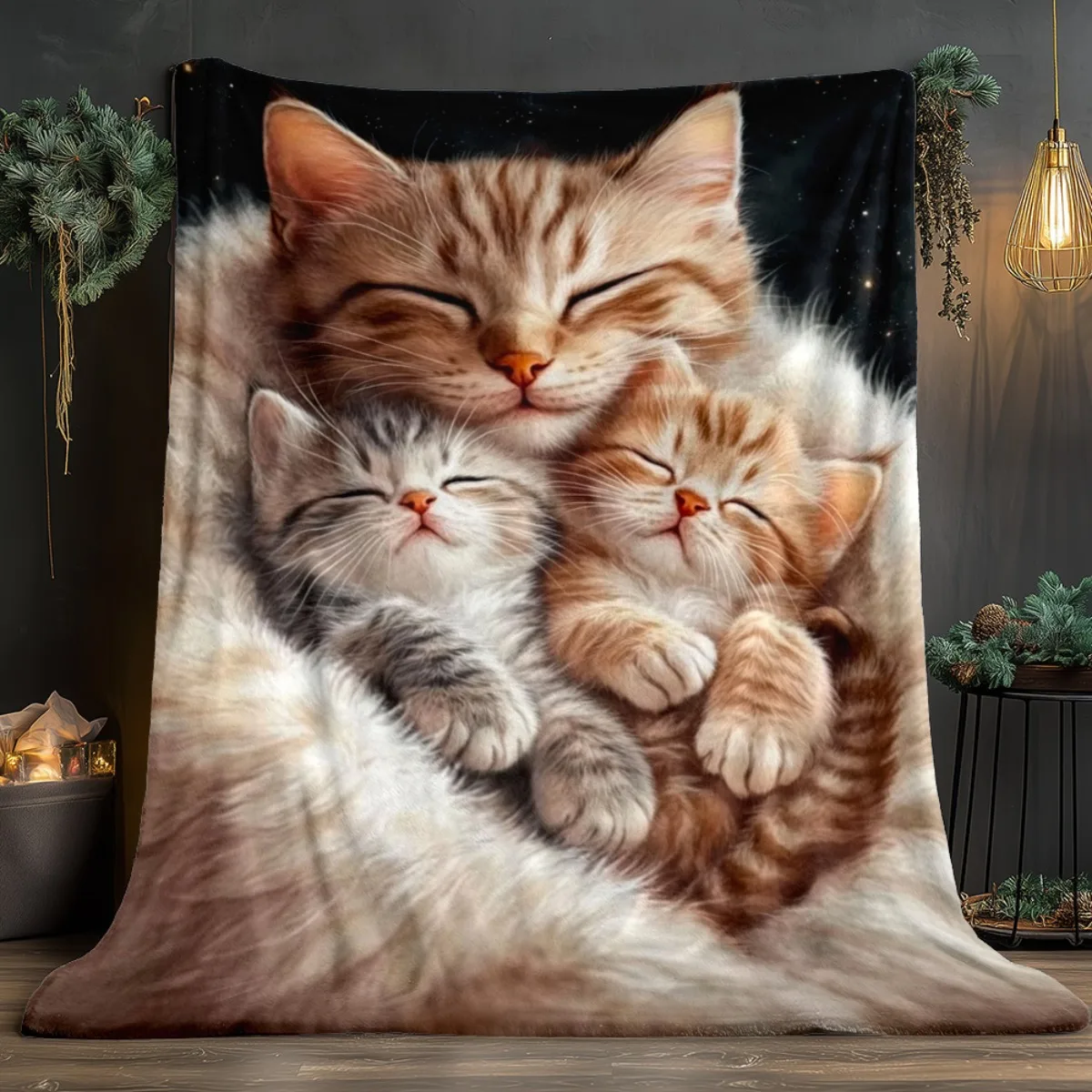 1pc Sleeping Cats Cuddled Together Blanket-Lightweight Flannel Home Furnishings Bedding Blanket Suitable for Sofas Beds Travel C