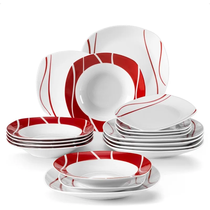 Dinnerware Sets, 18-Piece Porcelain Square Dishes, Gray White with Red Rim, Modern Dish Set for 6 - Plates and Bowls Sets