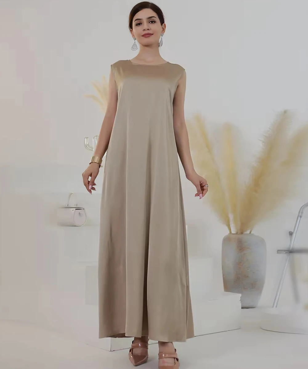 Women Slip Dress Inner Basic Sleeveless Maix Dress Satin Summer Causal Long Abaya Islamic Clothing