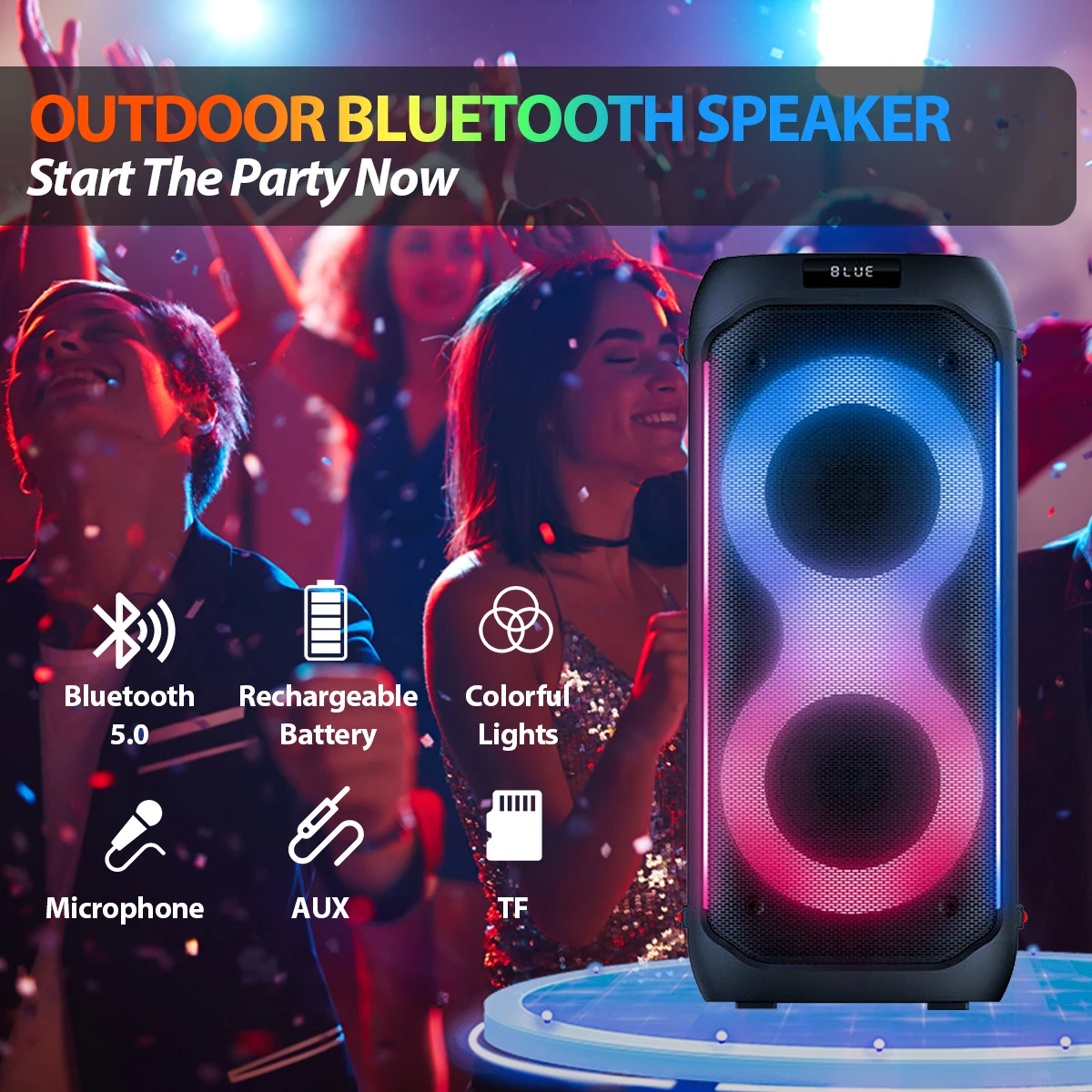 40W Dual 8 Inch Outdoor Portable Party Speaker with Powerful Subwoofer RGB LED Lighting for Mobile Phone Use