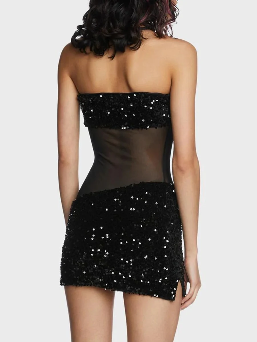 TWOTWINSTYLE Slimming Sheer Spliced Sequins Sexy Dresses for Women Strapless Sleeveless Fashion Mini Dress Female Clothing New