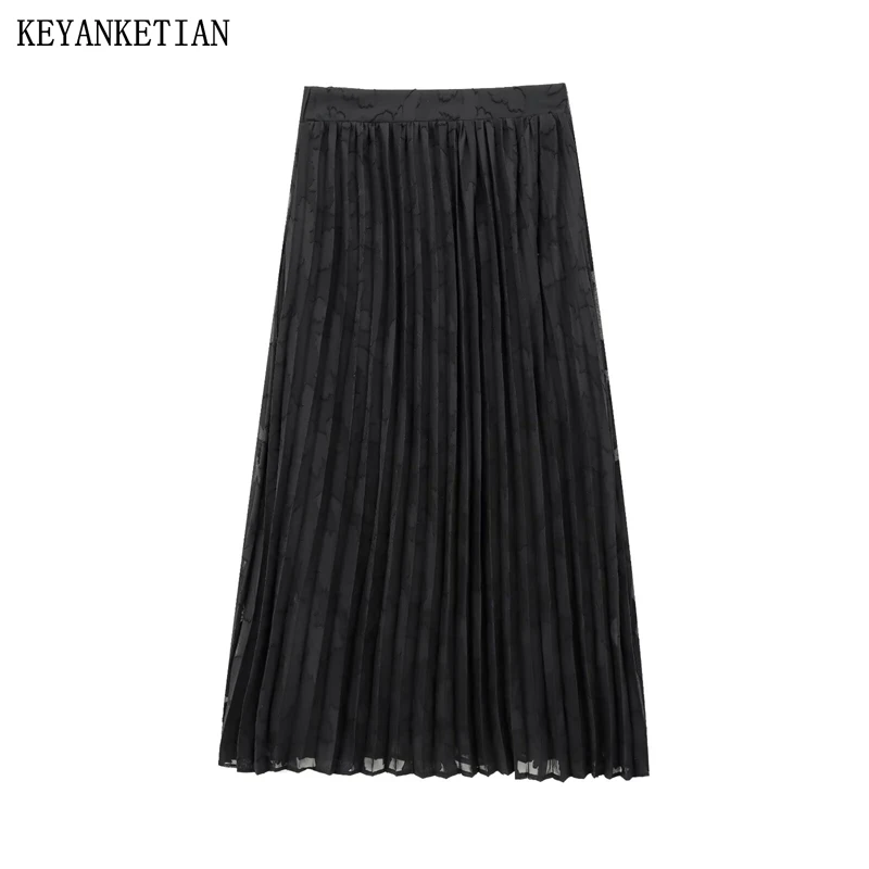 KEYANKETIAN 2025 Spring New Women Jacquard Decoration Pleated Skirt Retro style Elastic Waist Slim Black A Line Ankle MIDI Skirt