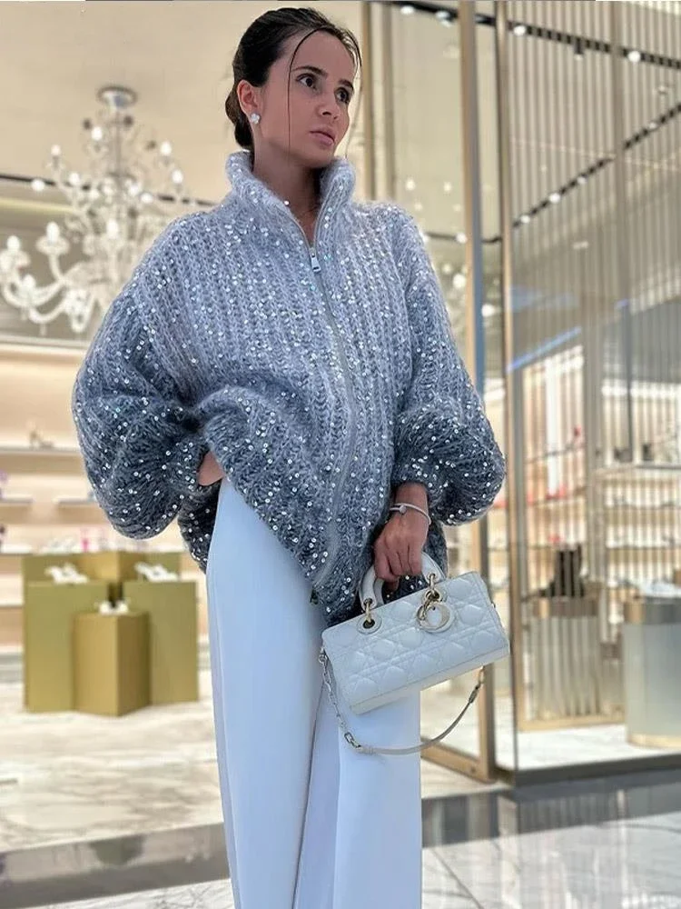 

Sequin Knitted Women's Sweater Autumn Bishop Sleeve Zippers Loose Casual Sweaters Female 2023 Lady Stand Collar Outerwear