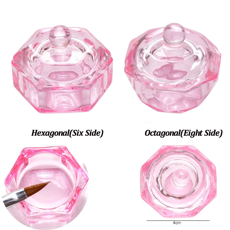 1 Stuk Roze Kristal Acryl Poeder Vloeibare Zeshoekige Achthoekige Schotel Met Deksel Glazen Bekerhouder Voor Acryl Nail Art Manicure Tools