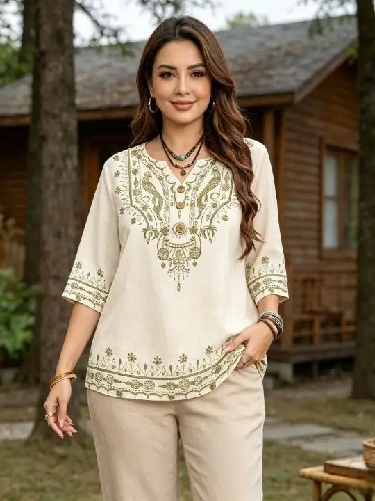 Women Bohemian Parrot Floral Embroidery Blouses Notch V Neck  Half Buttons 3/4 Sleeve Linen Texture Casual Daily Tops