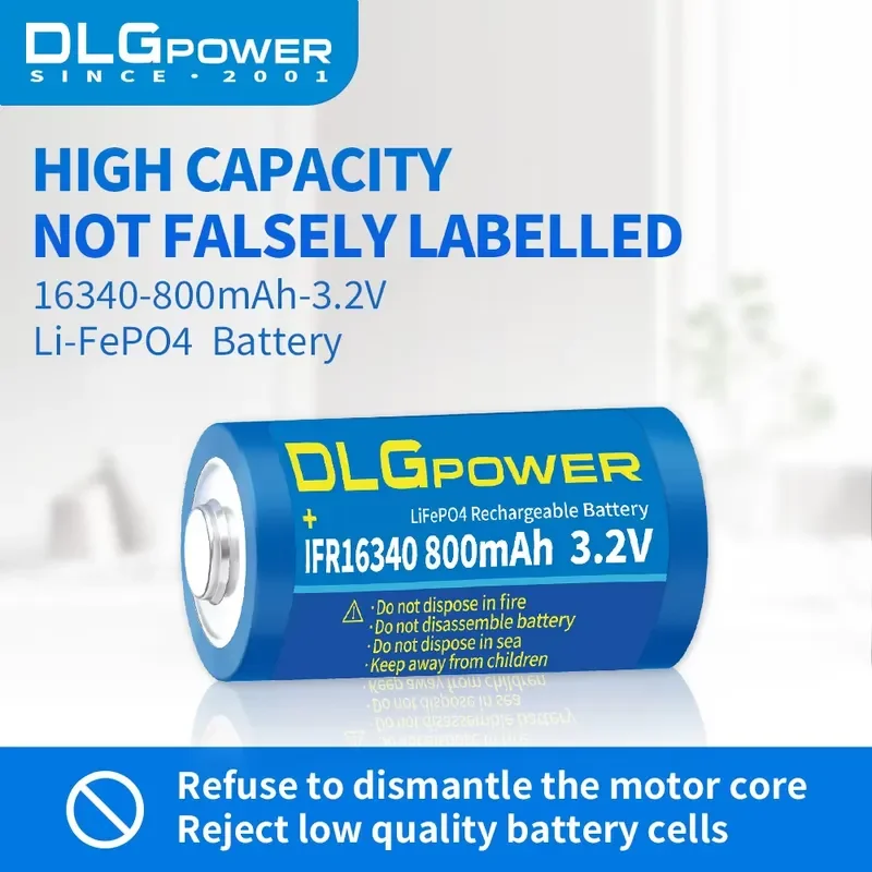 16340 800mAh LiFePO4 Rechargeable 3.2V IFR16340 Battery 2000 Time Discharge Cycle for Camera Smoke Alarm Headlamp DLGPOWER