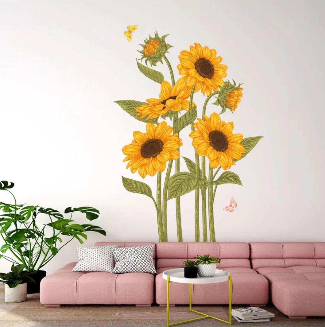 2 Pieces of Sunflower Butterfly Wall Stickers for Living Room, Bedroom, Decoration, PVC Back Self-Adhesive and Removable Sticker