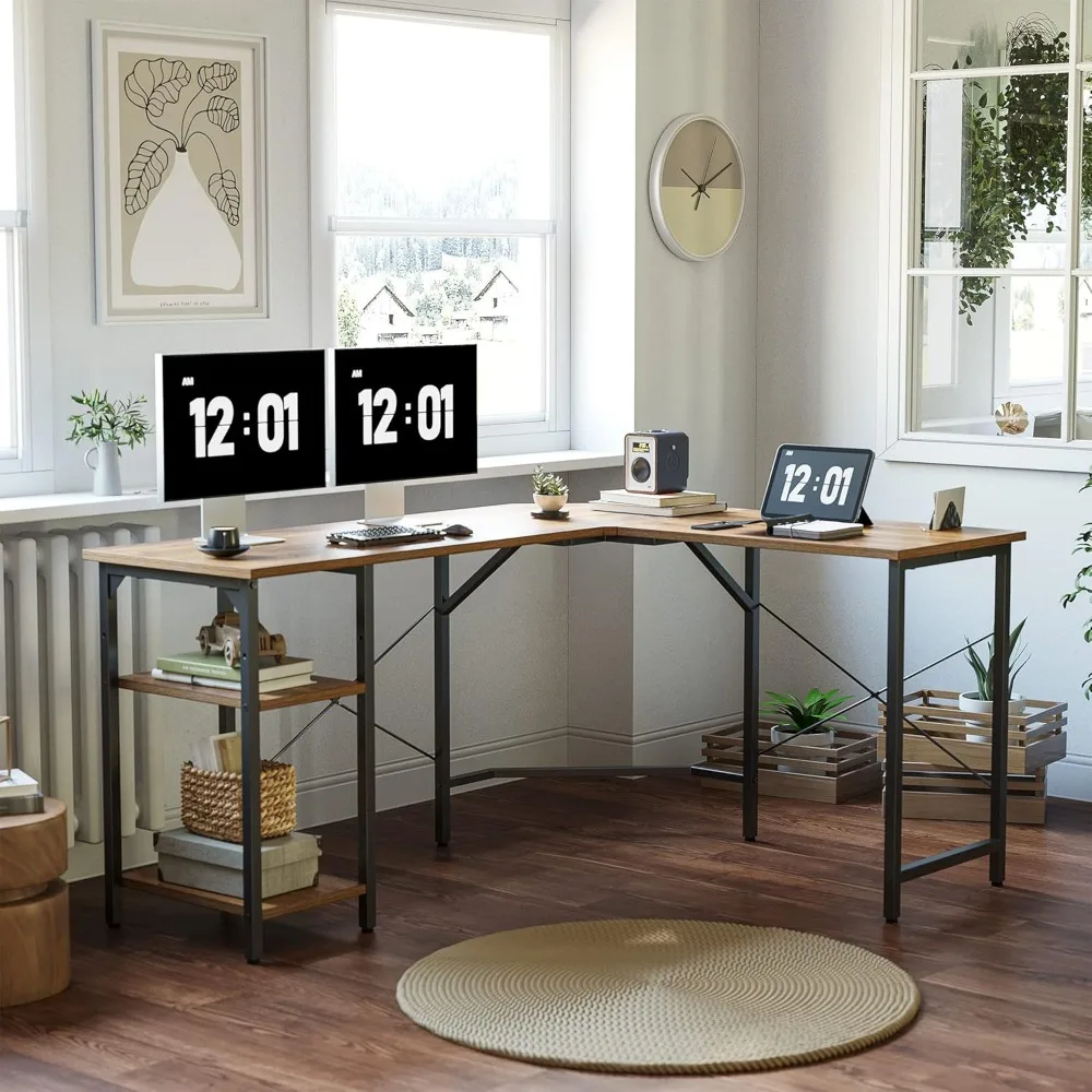 مكتب زاوية على شكل حرف L قابل للعكس مقاس 59.1 بوصة مع أرفف تخزين، مكتب دراسة ألعاب للكتابة باللون البني الريفي #2