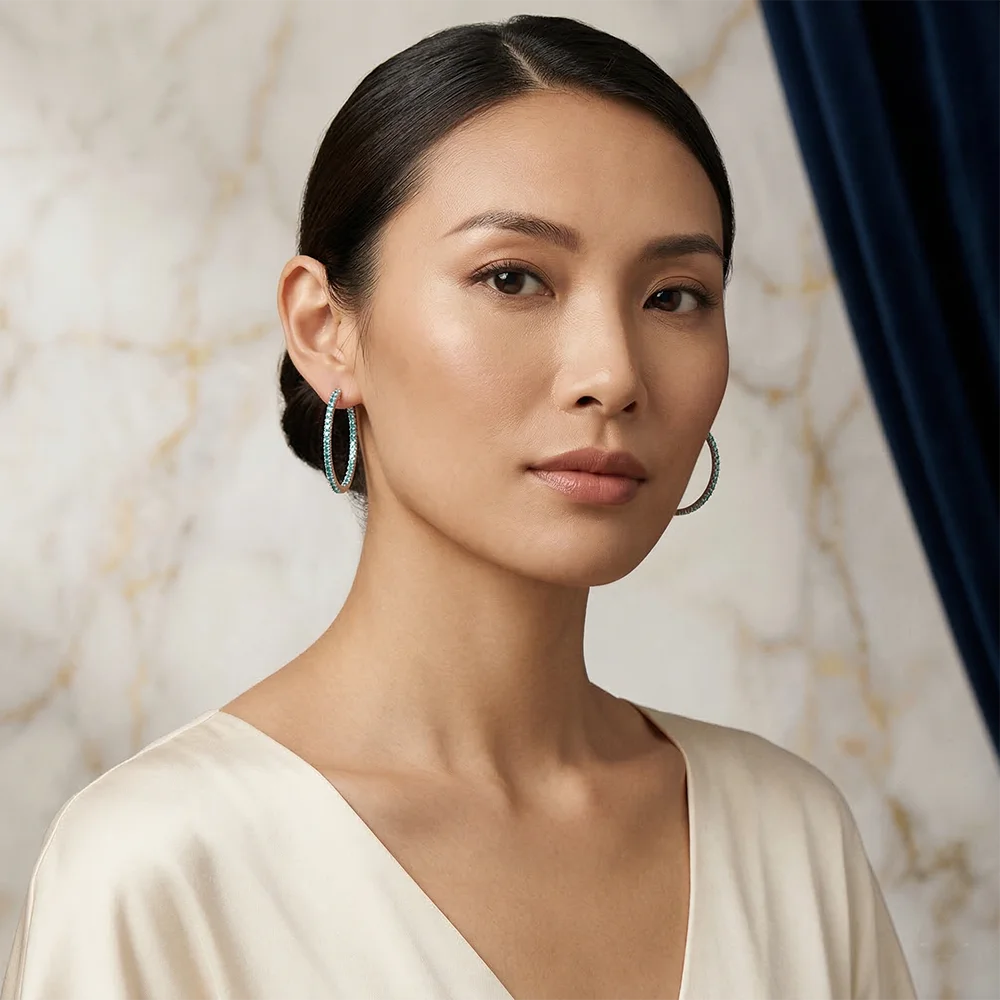 

YLMyself 3CM Hoop Earrings 925 Sterling Silver 2mm Paraiba Blue CZ Pave Round Gift