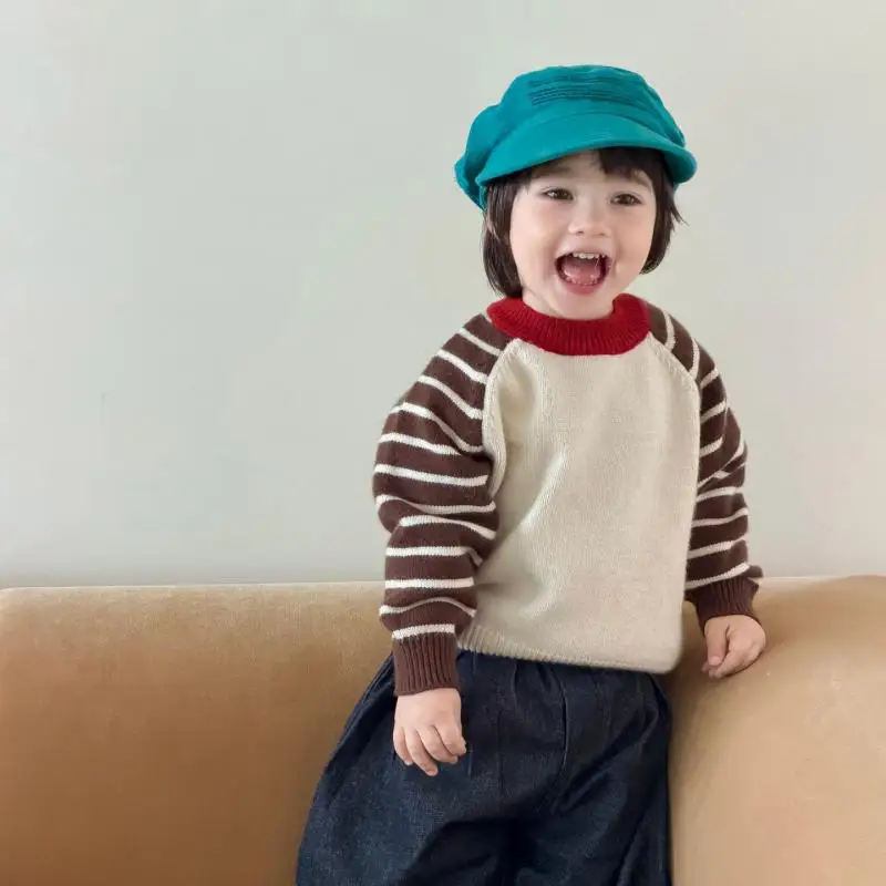 2026 Autumn New Baby Striped Sweater Cotton Boys Girls Long Sleeve Casual Pullover Toddler Fashion Versatile Knitted Tops