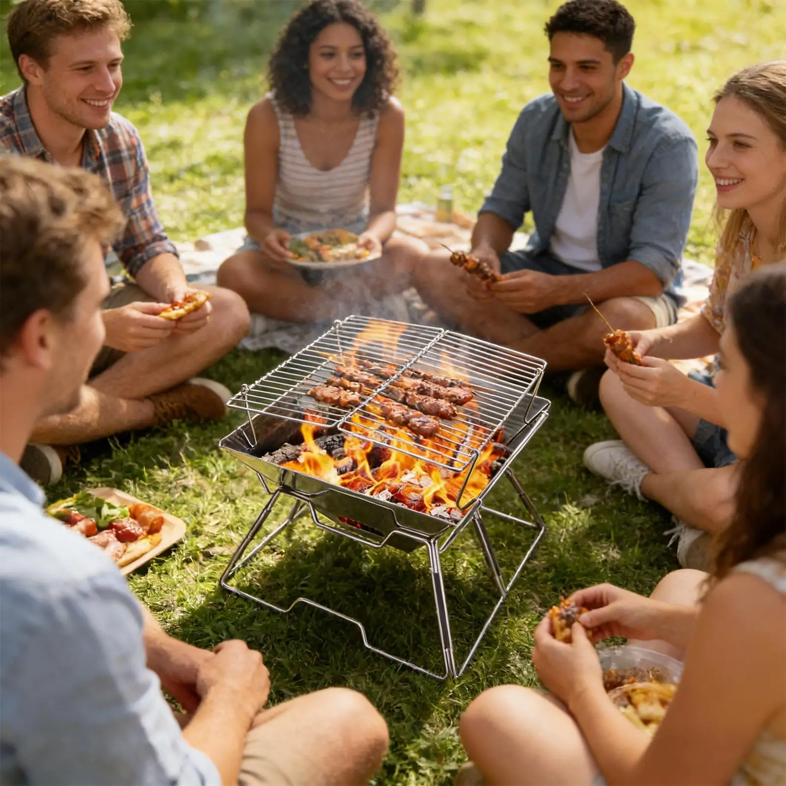 バックパッキングストーブ折りたたみ式ステンレス鋼炭火グリルbbq薪ストーブ、ハイキング、ピクニック、庭、裏庭での調理に
