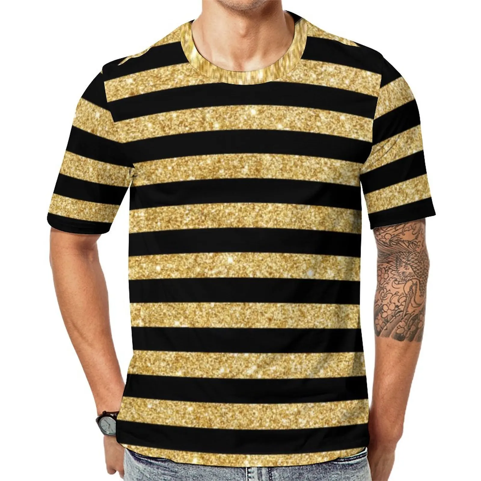 Black Stripes Pattern T Shirt Elegant Gold Glitter Fashion T-Shirts Men Y2K Casual Tee Shirt Summer Short-Sleeve Custom Tees 6XL