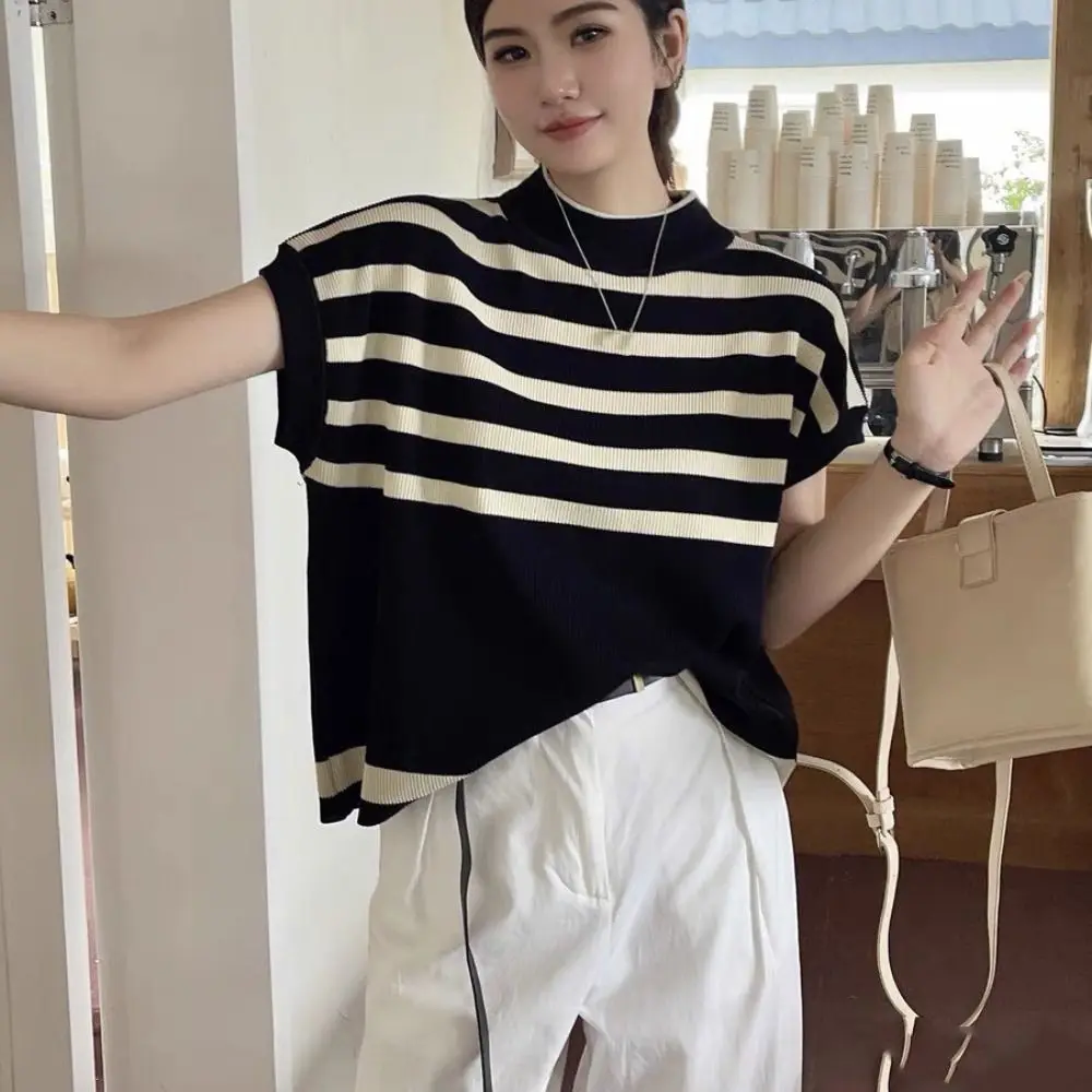 

Stylish Short Sleeve Knitwear Crop Top Ins Female Clothing Stripe Knitted T-shirt Bottoming Shirt Loose Casual Top Women Female
