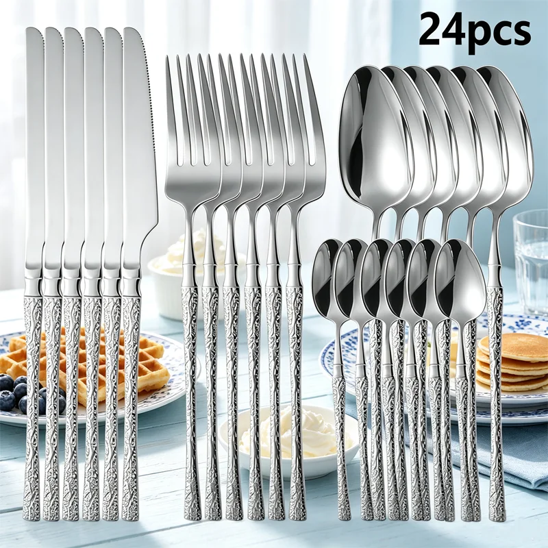 24-piece stainless steel cutlery set, essential for every family, including knives, forks, spoons, coffee spoons, and wood-patte