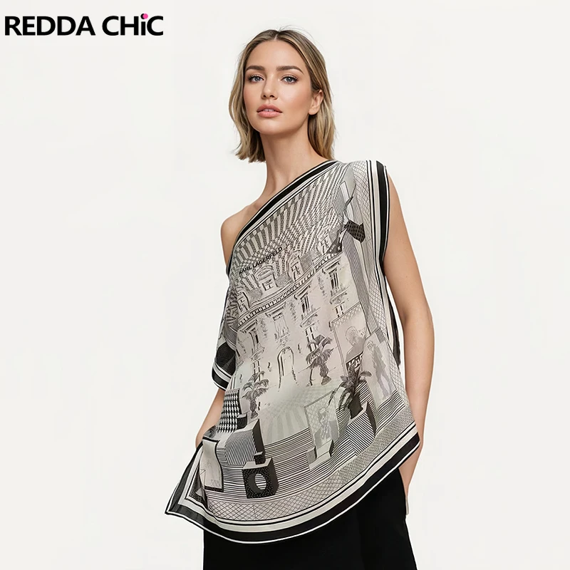 

REDDACHiC Satin Batwing Women Poncho Shirt Elegant Graphic Print Off Shoulder Loose Casual Blouse Top Office Work Summer Clothes