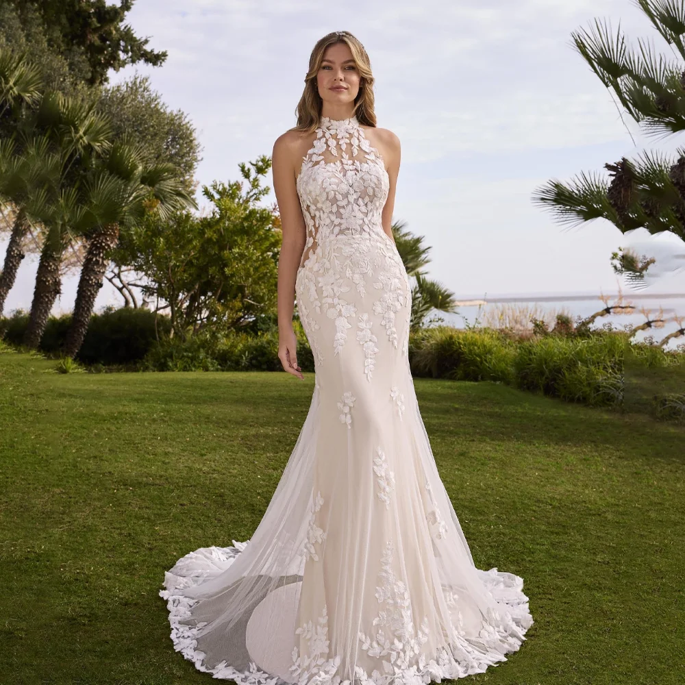 

MANRAY 2025 High-Neck Sleeveless Lace Appliques Mermaid Wedding Dress for Bride Customizable Vestidos De Novia