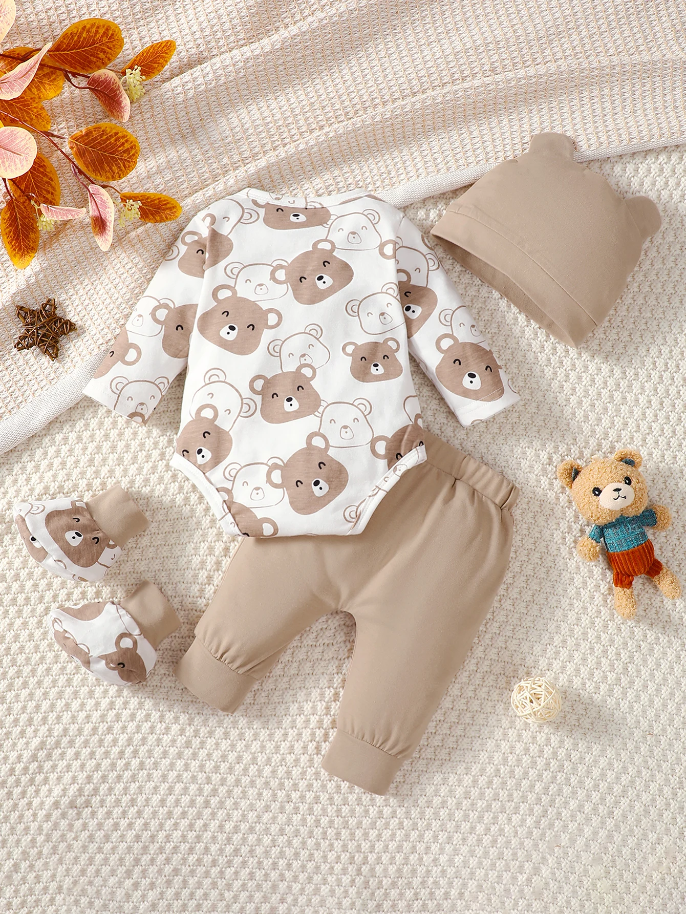 4PCS Clothing Set 0-9 Months Newborn Baby Boy Bear Short Sleeve Romper+Pants+Hat+Sock Infant Baby Full Moon Photography Outfits