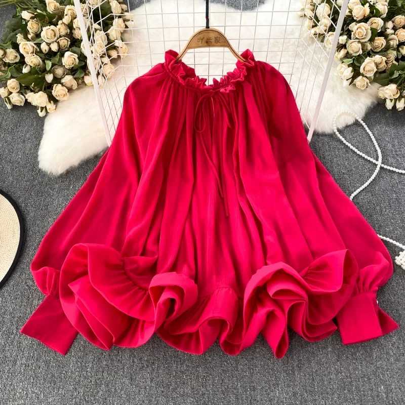 Blus Ruffles O-neck musim semi musim gugur 2024 kemeja sifon manis Korea blus wanita lengan lampion Y2k blus longgar wanita