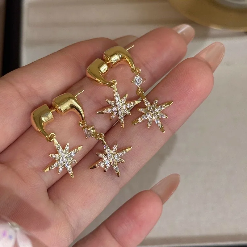 925 Silver Needle Eight-Pointed Star Earrings, Light Luxury niche High-End Style, Ultra-Shiny Zircon Star Earrings