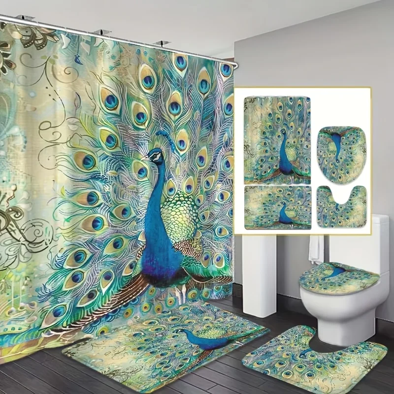 

Peacock Elegance Bathroom 4-Piece Set: Shower Curtain, Bath Mat, Toilet Cover, Tank Cover – Luxurious and Vibrant Decor
